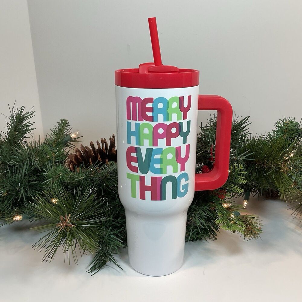 Christmas Tumbler 40 Oz “Merry Happy Everything” Stainless Straw Lid